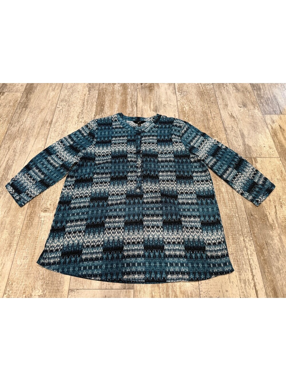 GNW Womens L Teal Abstract Print Long Sleeve Tunic Top Artsy